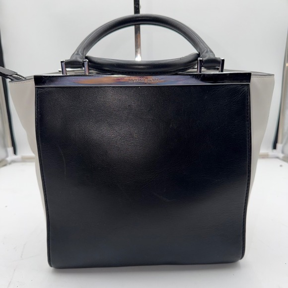 Michael Kors Handbags - Michael Kors Black White Leather Frame Satchel Handbag Silver Tone Hardware